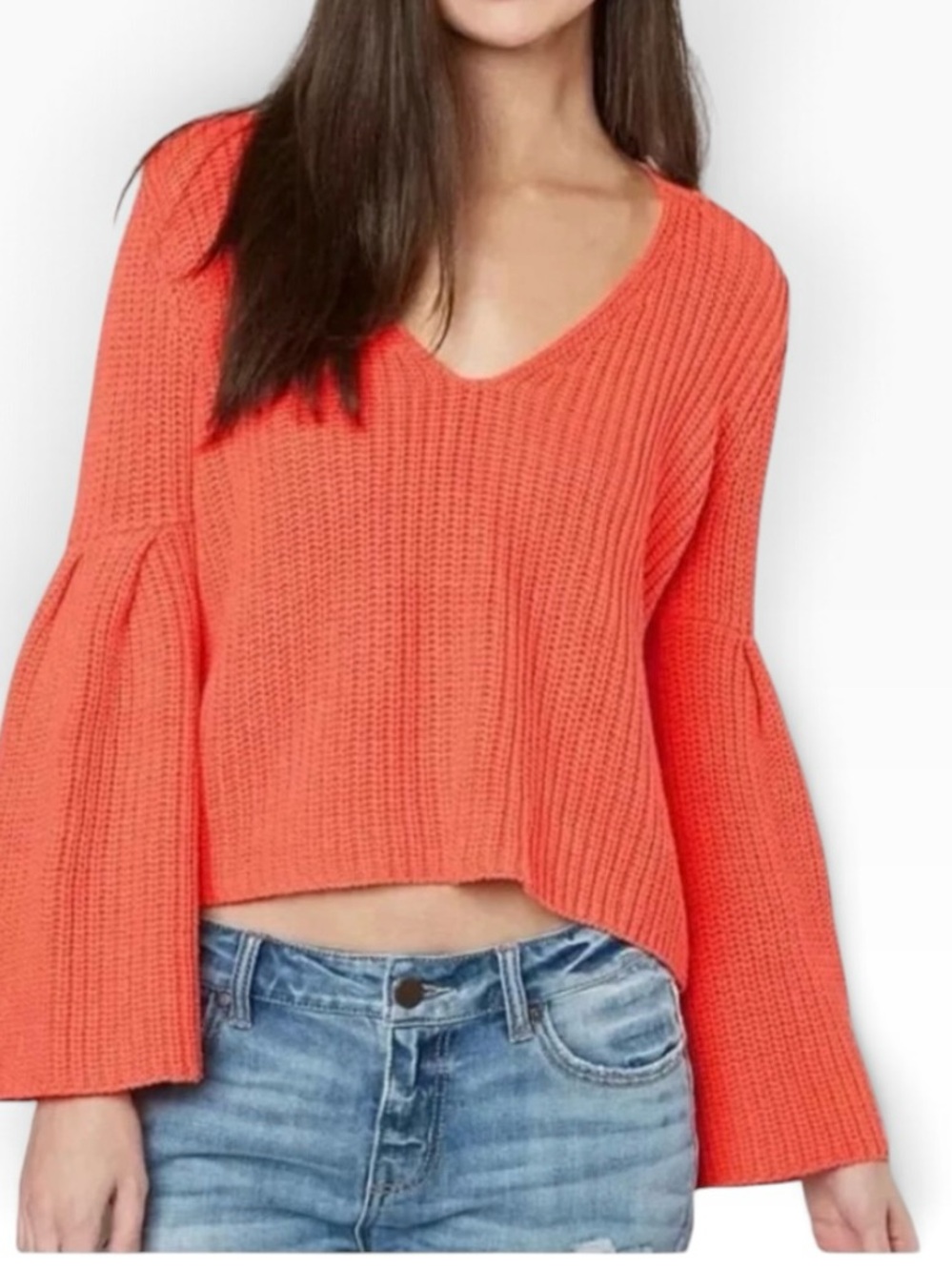 FREE PEOPLE Damsel Orange Chunky Knit Bell Sleeve Fall Knit Sweater Size Small